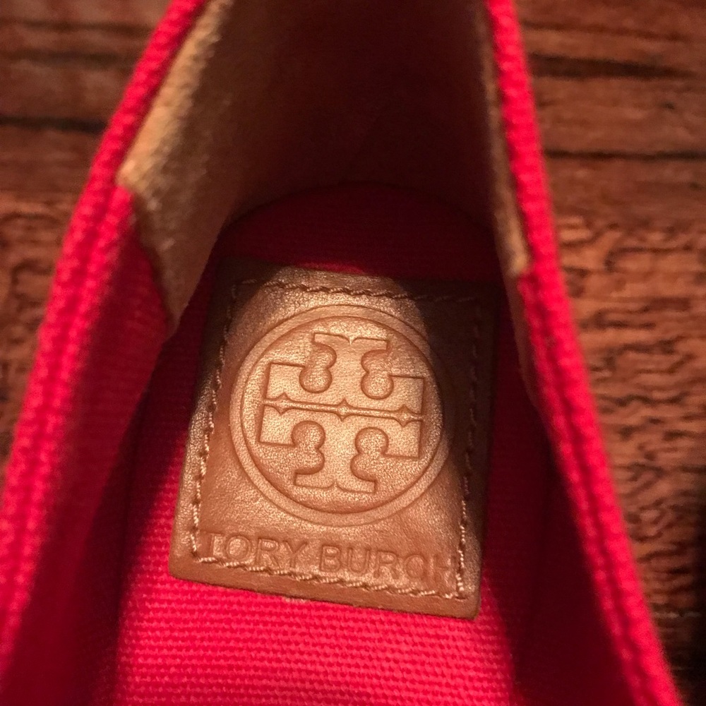 *SOLD*Tory Burch Red Canvas Peep Toe Wedges - Picture 6 of 8